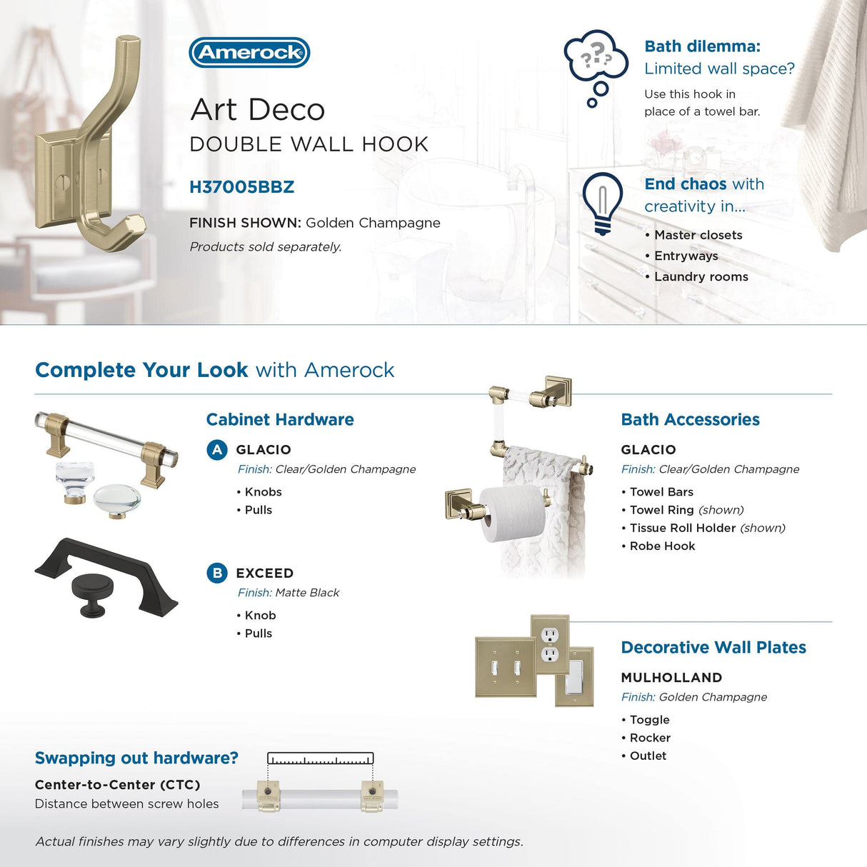 Amerock H37005BBZ Aliso Double Prong Decorative Wall Hook Golden Champagne Hook for Coats, Hats, Backpacks, Bags Hooks for Bathroom, Bedroom, Closet, Entryway, Laundry Room, Office