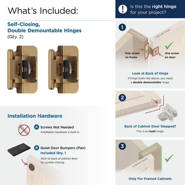 Amerock BPR8700CZ Cabinet Hinge 3/8 in (10 mm) Inset Double Demountable Champagne Bronze Kitchen Cabinet Door Hinge 1 Pair/2 Pack Functional Hardware