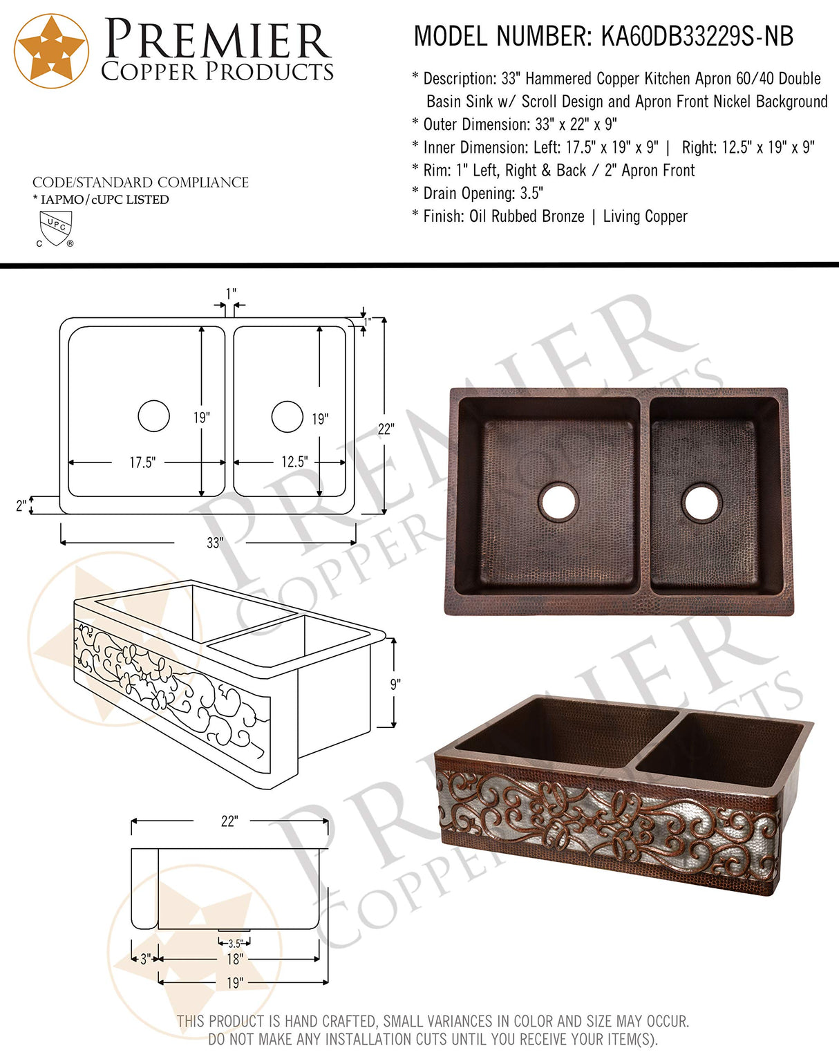 Premier Copper Products KA60DB33229S-NB 33-Inch Hammered Copper Kitchen Apron 60/40 Double Basin Sink w/Scroll Design and Apron Front Nickel Background