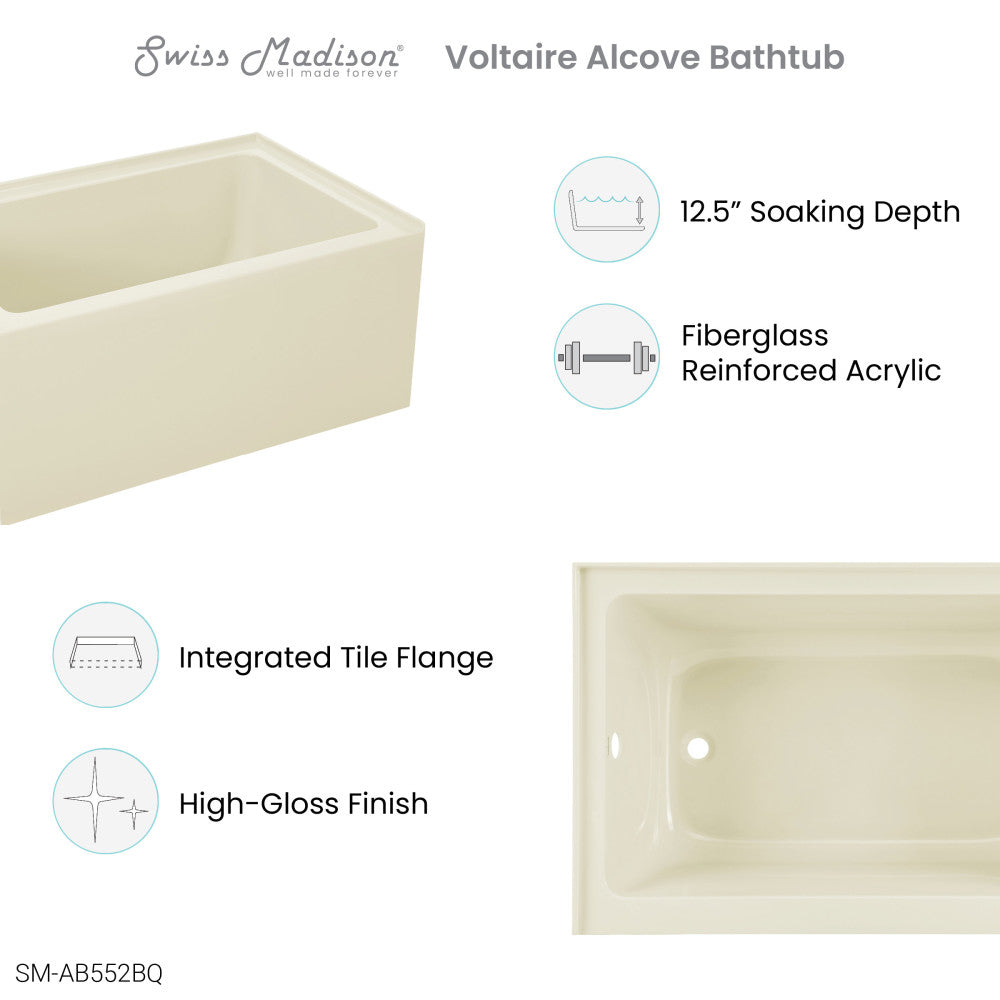 Voltaire 48" X 32" Left-Hand Drain Alcove Bathtub with Apron in Bisque