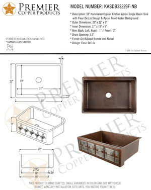 Premier Copper Products KASDB33229F-NB 33-Inch Hammered Copper Apron Front Single Basin Kitchen Sink w/ Fleur De Lis Design and Nickel Background