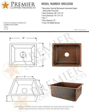 Premier Copper Products BREC20DB 20-Inch Universal Gourmet Rectangular Hammered Copper Kitchen Single Basin Sink, Oil Rubbed Bronze