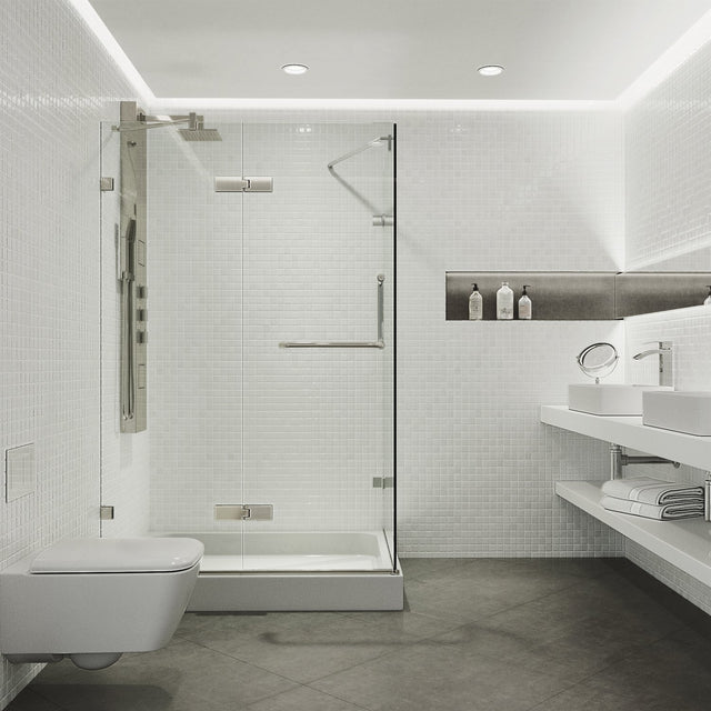 VIGO 32 in. x 48 in. x 79 in. Monteray Frameless Hinged Rectangle Shower Enclosure with Clear 0.38" Tempered Glass and Hardware in Brushed Nickel Finish with Right Handle and Base - VG6011BNCL48WL