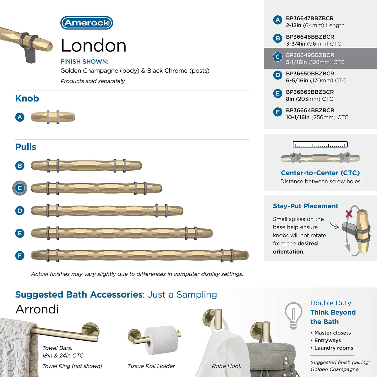 Amerock Cabinet Pull Golden Champagne/Black Chrome 5-1/16 inch (128 mm) Center-to-Center London 1 Pack Drawer Pull Drawer Handle Cabinet Hardware