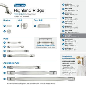 Amerock Cabinet Pull Polished Nickel 6-5/16 inch (160 mm) Center to Center Highland Ridge 1 Pack Drawer Pull Drawer Handle Cabinet Hardware