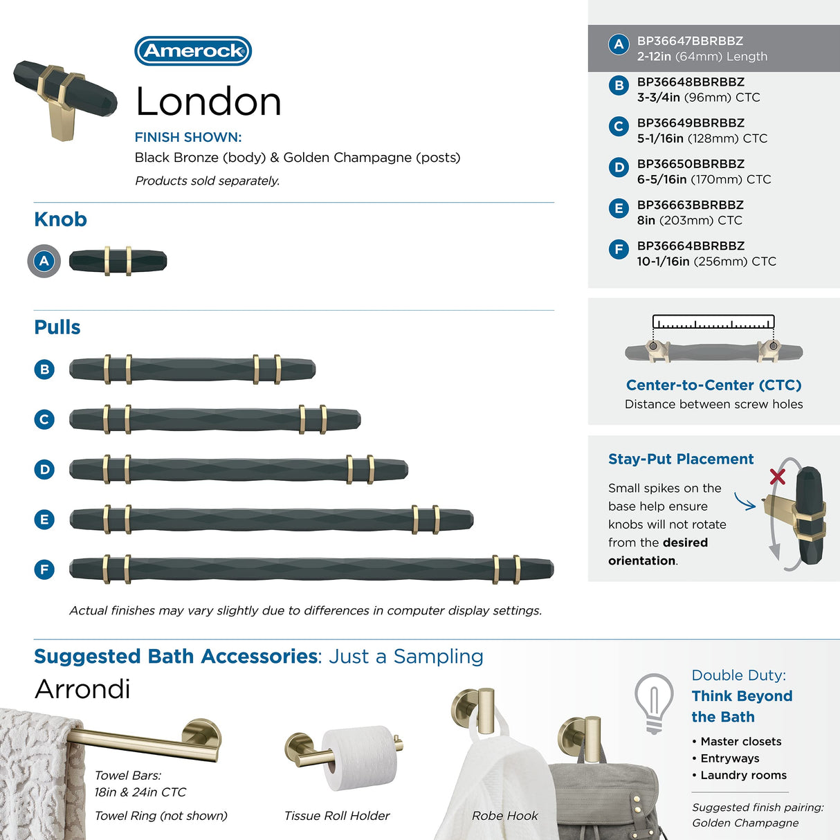Amerock Cabinet Knob Black Bronze/Golden Champagne 2-1/2 inch (64 mm) Length London 1 Pack Drawer Knob Cabinet Hardware
