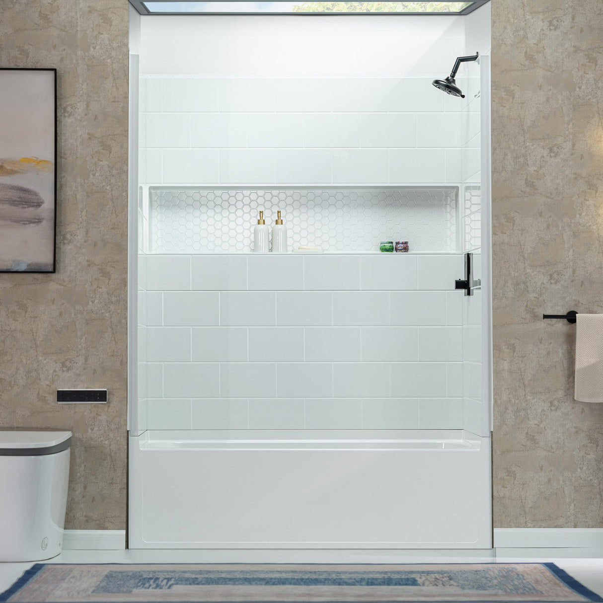 New England Home Goods 60” x 32” Four-Piece Direct-to-Stud Alcove Tub Surround with Left-Drain Hole Soaking Bathtub Combo in White