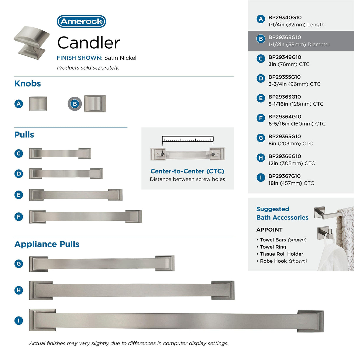 Amerock Cabinet Knob Satin Nickel 1-1/2 inch (38 mm) Length Candler 1 Pack Drawer Knob Cabinet Hardware