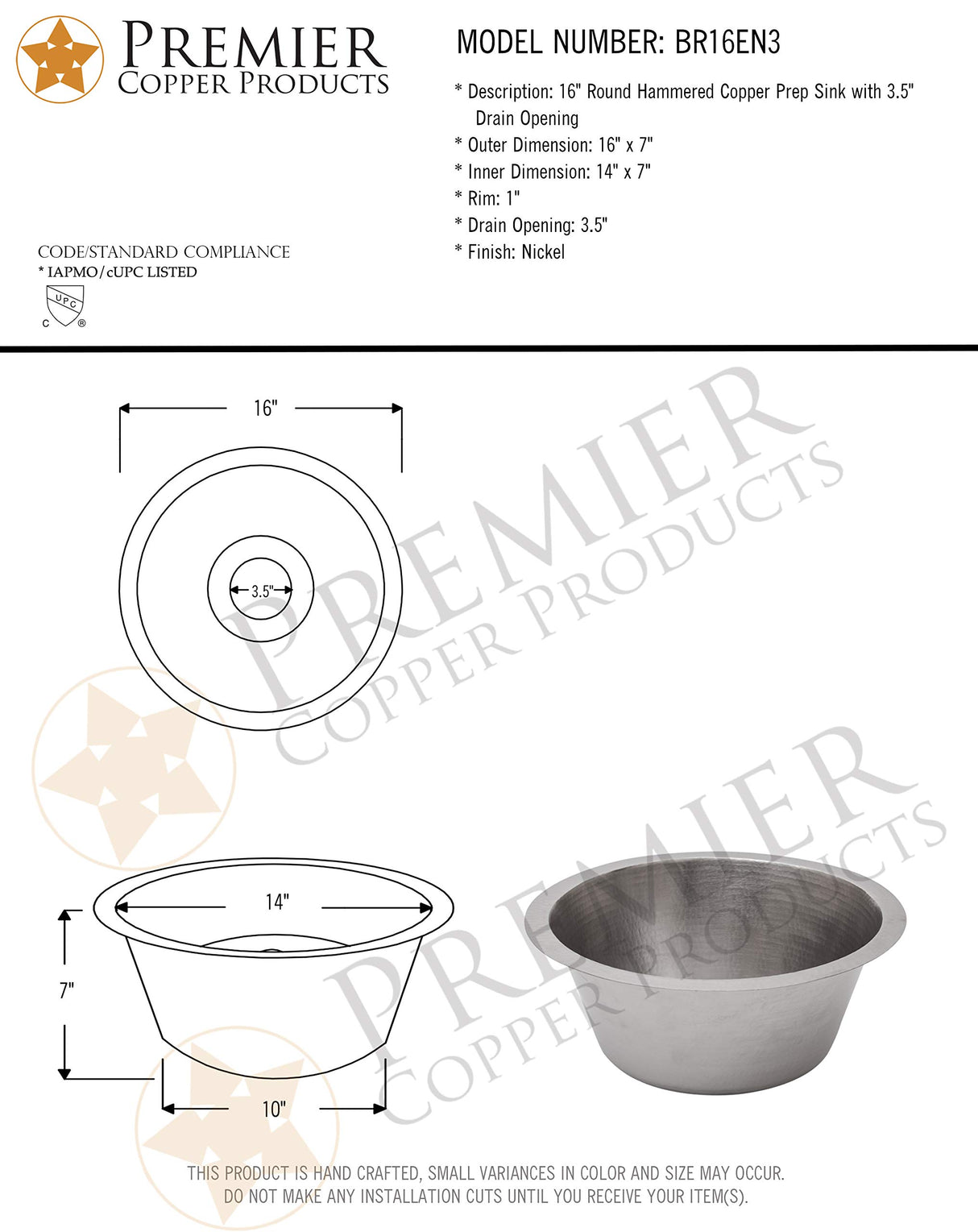 Premier Copper Products BR16EN3 16-Inch Round Hammered Copper Prep Sink in Nickel w/ 3.5-Inch Drain Size