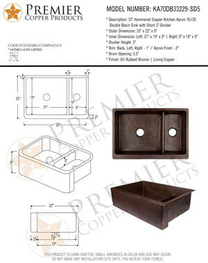 Premier Copper Products KA70DB33229-SD5 33-Inch Hammered Copper Kitchen Apron 70/30 Double Basin Sink with Short 5-Inch Divider…