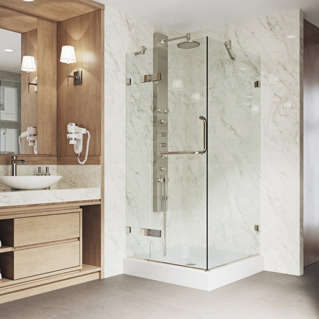 VIGO 36 in. x 36 in. x 79 in. Monteray Frameless Hinged Square Shower Enclosure with Clear 0.38" Tempered Glass and Hardware in Brushed Nickel Finish with Reversible Handle and Base - VG6011BNCL363W