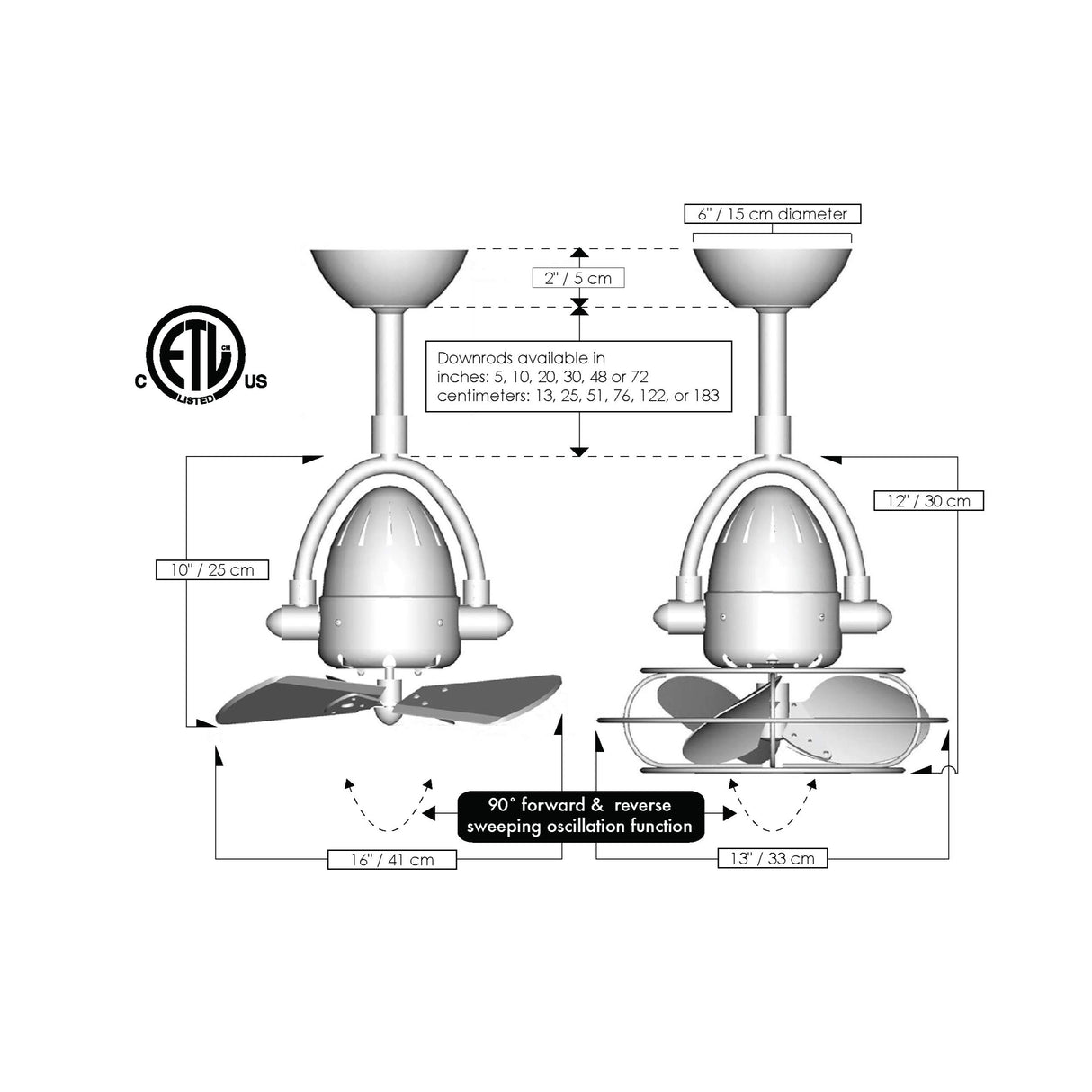 Matthews Fan DI-CR-WDBK Diane oscillating ceiling fan in Polished Chrome finish with solid matte black wood blades.