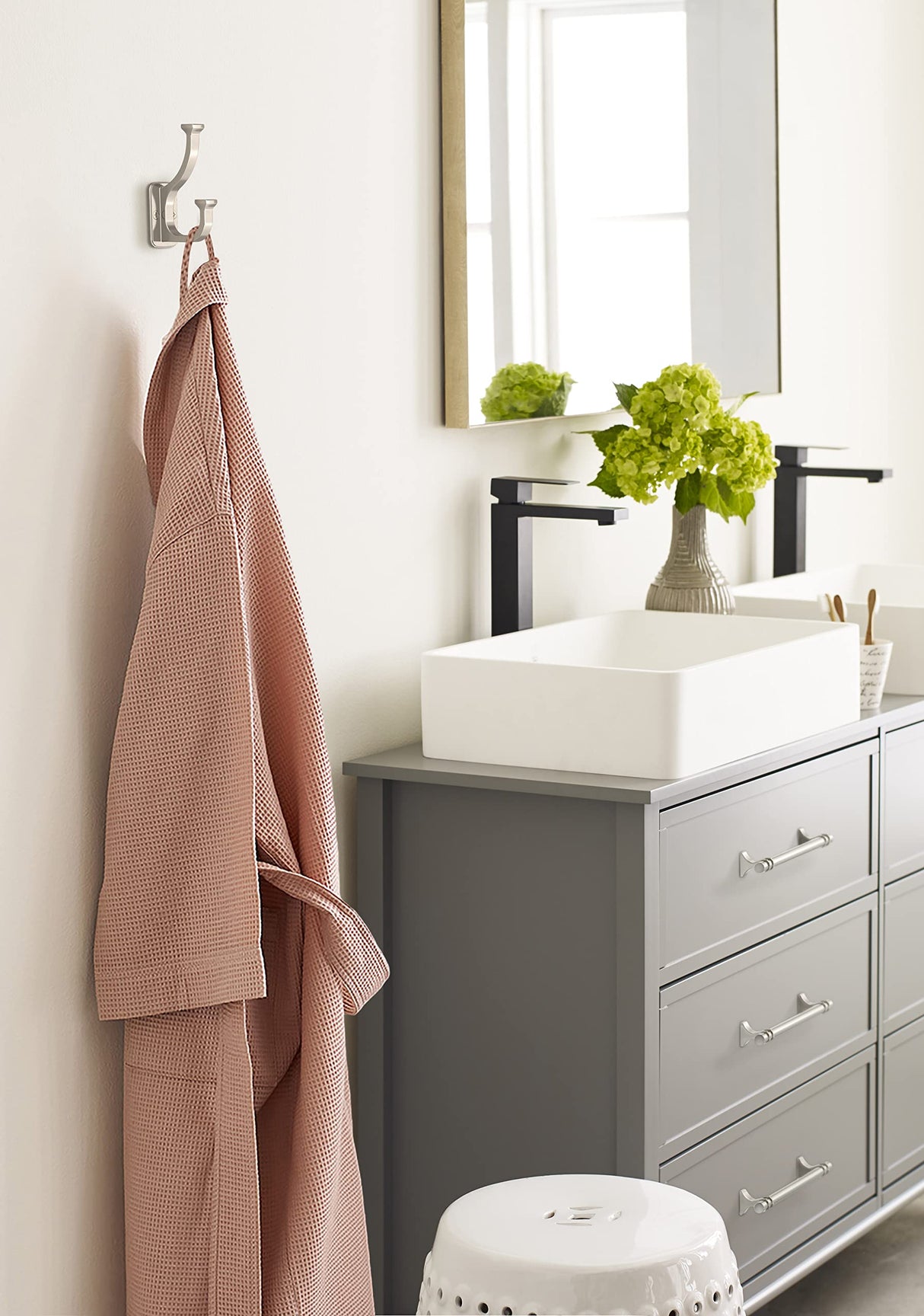 Amerock H37007G10 Alder Double Prong Decorative Wall Hook Satin Nickel Hook for Coats, Hats, Backpacks, Bags Hooks for Bathroom, Bedroom, Closet, Entryway, Laundry Room, Office