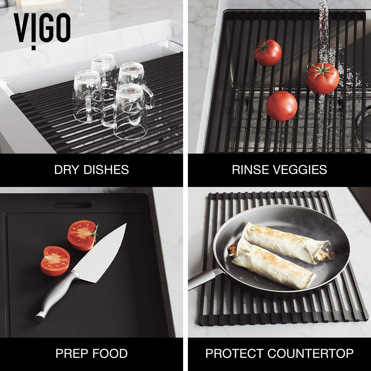 VIGO VGS3620BLFA 20.5" L -36.0" W -10.0" H Handmade Stainless Steel Double-Bowl Farmhouse Kitchen Sink Workstation with Cutting Board, Roll-Up Drying Rack, 2 Protective Bottom Grids, 2 Strainers