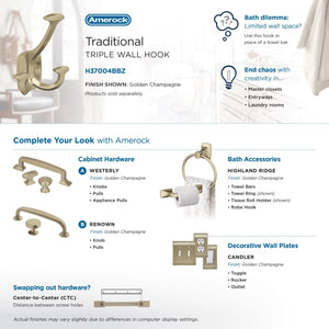 Amerock H37004BBZ Vicinity Triple Prong Decorative Wall Hook Golden Champagne Hook for Coats, Hats, Backpacks, Bags Hooks for Bathroom, Bedroom, Closet, Entryway, Laundry Room, Office