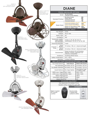 Matthews Fan DI-CR-WDBK Diane oscillating ceiling fan in Polished Chrome finish with solid matte black wood blades.