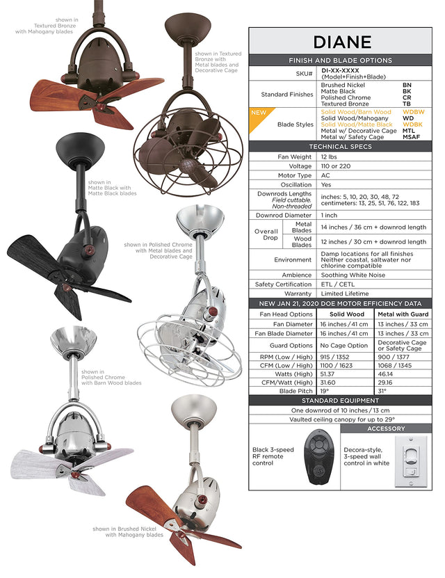 Matthews Fan DI-CR-WDBK Diane oscillating ceiling fan in Polished Chrome finish with solid matte black wood blades.