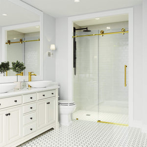 VIGO Adjustable 56-60"W x 76"H Elan Cass Aerodynamic Frameless Sliding Shower Door with Clear Tempered Glass, Reversible Door Handle and Stainless Steel Hardware in Matte Brushed Gold-VG6044MGCL6076