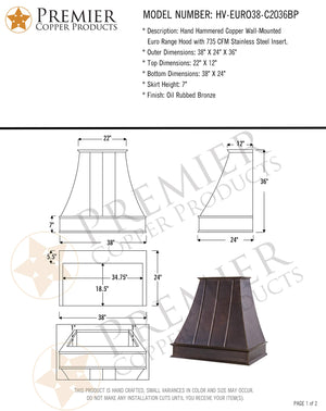 Premier Copper Products HV-EURO38-C2036BP Euro 38-Inch 735 CFM Wall Mount Range Hood