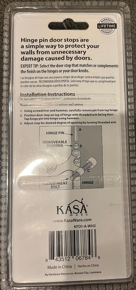 KasaWare KFD1-A-WH2 Hinge Pin Door Stop with Adjustable Pad, 2-pack