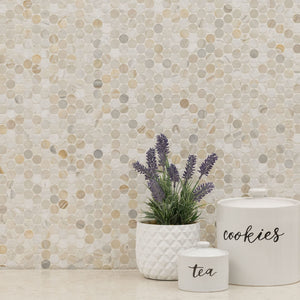 MSI Athena Gold 12 in. x 12 in. (CASE) Pennyround Honed Marble Mesh Mounted Mosaic Tile for Bathroom, Kitchen Backsplash, Accent Wall Tile, and Shower Wall Tile, Sample