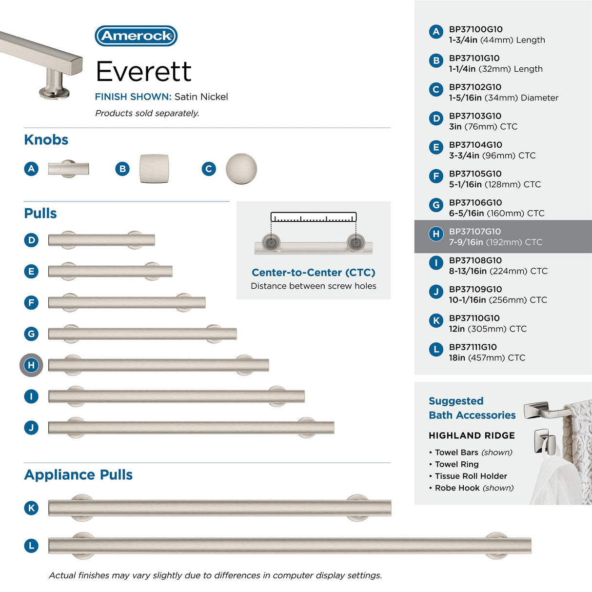 Amerock Corp BP37107G10 Everett Pull, 7-9/16 in (192 mm) Center-to-Center, Satin Nickel