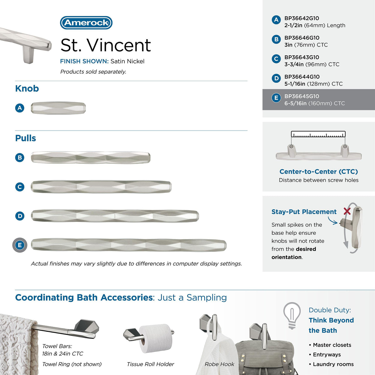 Amerock Cabinet Pull Satin Nickel 6-5/16 inch (160 mm) Center to Center St. Vincent 1 Pack Drawer Pull Drawer Handle Cabinet Hardware