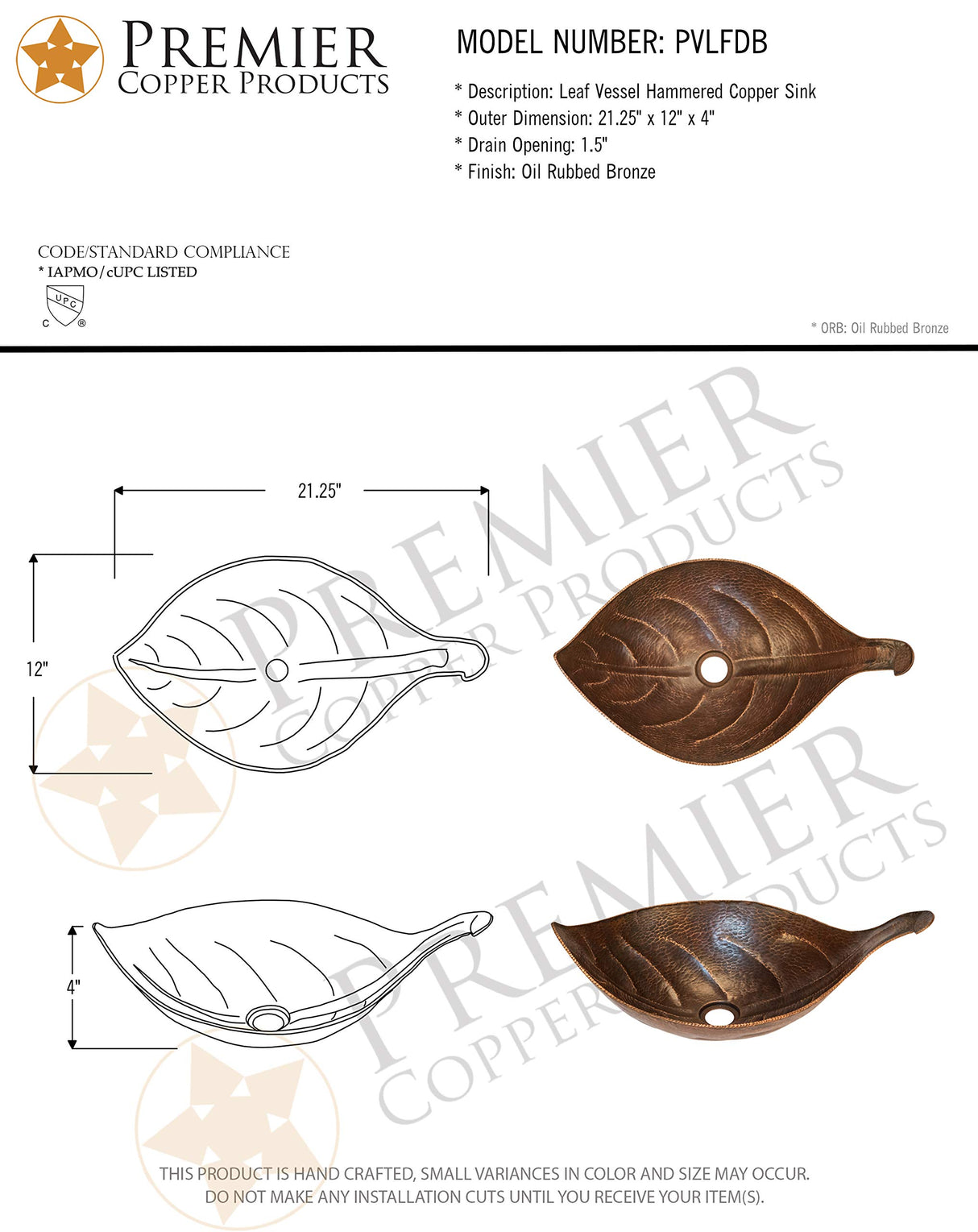 Premier Copper Products PVLFDB 21.25-Inch Leaf Vessel Hammered Copper Sink