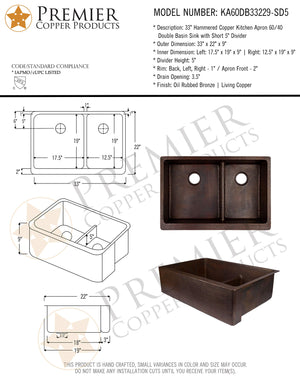 Premier Copper Products KA60DB33229-SD5 33-Inch Hammered Copper Kitchen Apron 60/40 Double Basin Sink with Short 5-Inch Divider…