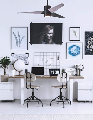 Matthews Fan SJ-BK-BW-42 Super Janet three-blade ceiling fan in Matte Black finish with 42” solid barn wood tone blades and dimmable LED light kit 
