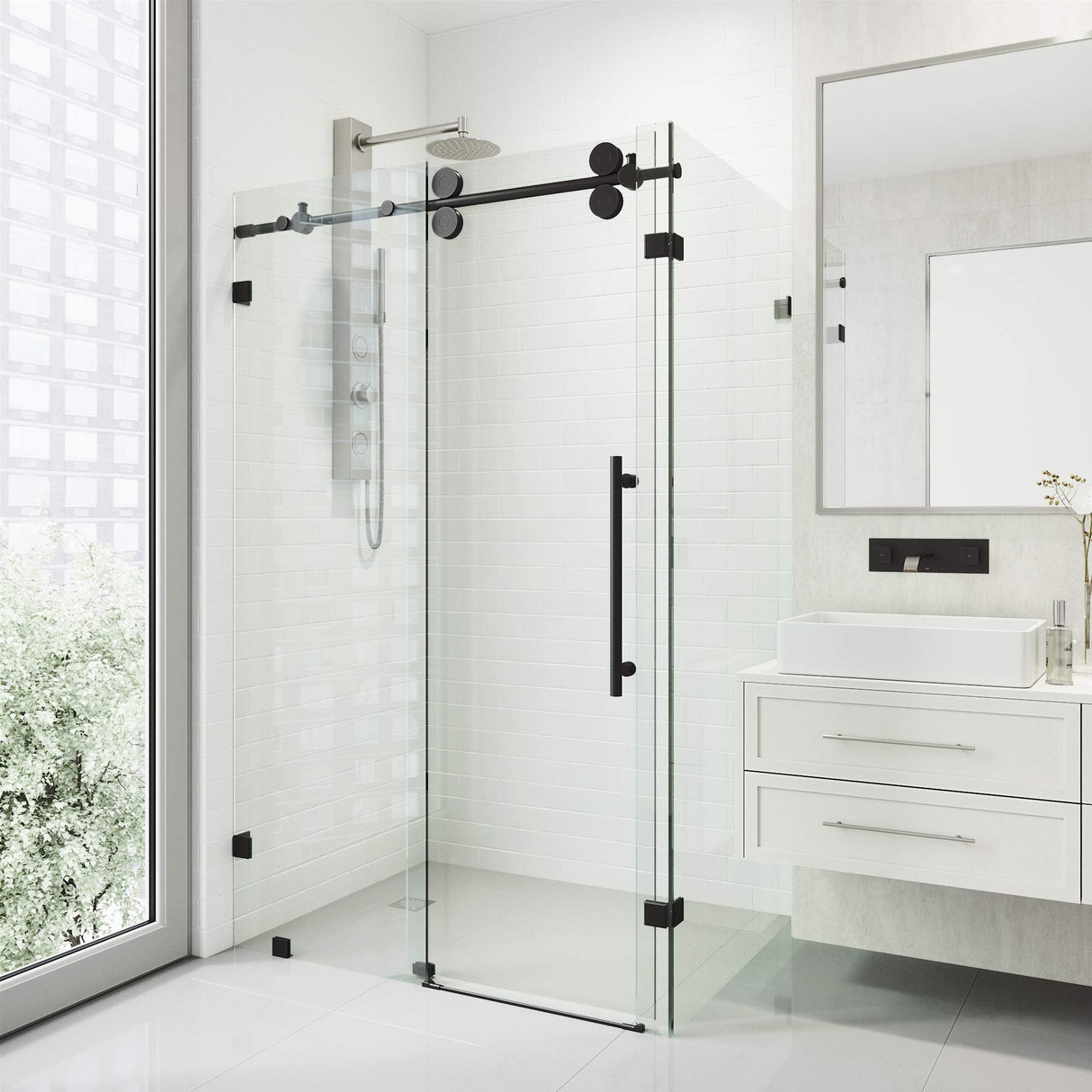 VIGO VG6051MBCL48 34.63" -34.63" W -73.75" H Frameless Sliding Rectangle Shower Enclosure with Clear 0.38" Tempered Glass and Stainless Steel Hardware in Matte Black Finish with Reversible Handle