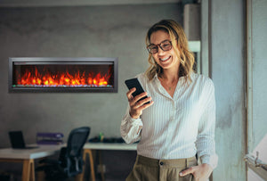 Amantii SYM-74-BESPOKE Symmetry Bespoke - 74" Indoor / Outdoor Electric Built In Fireplace featuring, WiFi Compatibilty & Bluetooth Connectivity, MultiFunction Remote, and a Selection of Media Options