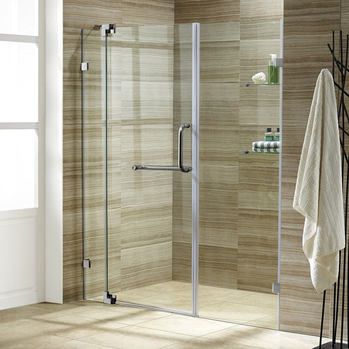 VIGO Adjustable 54 - 60 in. W x 72 in. H Frameless Pivot Rectangle Shower Door with Clear Tempered Glass and St. Steel Hardware in Brushed Nickel Finish with Reversible Handle - VG6042BNCL60