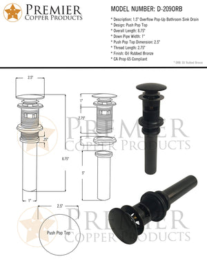 Premier Copper Products D-209ORB 1.5-Inch Overflow Pop-Up Bathroom Sink Drain, Oil Rubbed Bronze