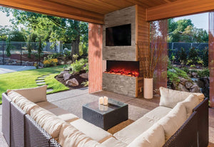 Amantii 60-TRV-SLIM Trv View Slim Smart Electric - 60" Indoor / Outdoor WiFi Enabled 3 Sided Fireplace Featuring a depth of 10 5/8", MultiFunction Remote Control, Multi Speed Flame Motor, and a 10 piece Birch Log Set