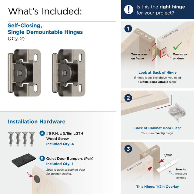 Amerock BPR871914 Cabinet Hinge 1/2 in (13 mm) Overlay Single Demountable Partial Wrap Nickel Kitchen Cabinet Door Hinge 1 Pair/2 Pack Functional Hardware