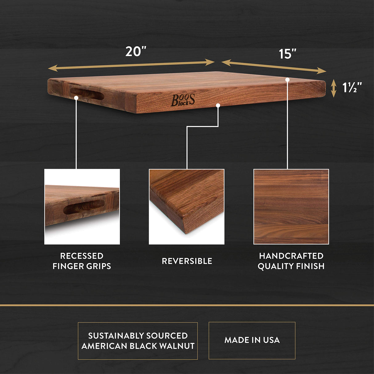 John Boos WAL-R03 Walnut Wood Cutting Board for Kitchen Prep, 1.5 Inch Thick, Large Edge Grain Rectangular Reversible Charcuterie Block, 20" x 15" 1.5" 20X15X1.5 WAL-EDGE GR-REV-