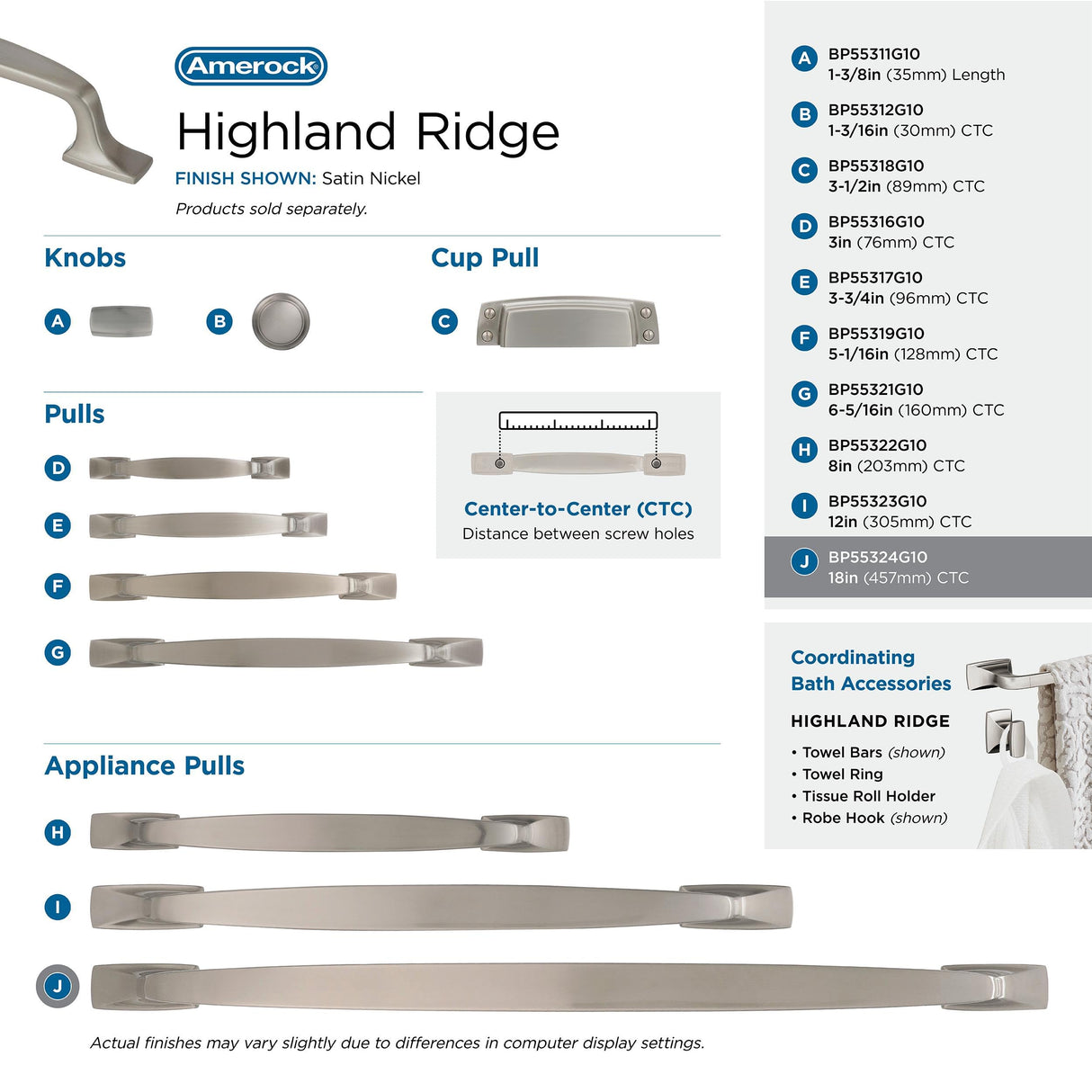 Amerock Appliance Pull Satin Nickel 18 inch (457 mm) Center to Center Highland Ridge 1 Pack Drawer Pull Drawer Handle Cabinet Hardware