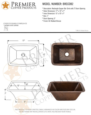 Premier Copper Products BRECDB2 17-Inch Rectangle Copper Bar Sink with 2-Inch Drain Size, Oil Rubbed Bronze