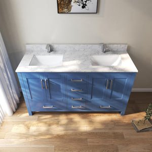 Carrigain 60" Blue Integrated Sink Bathroom Oak Freestanding Vanity with Ceramic Double Undermount Top with Sinks