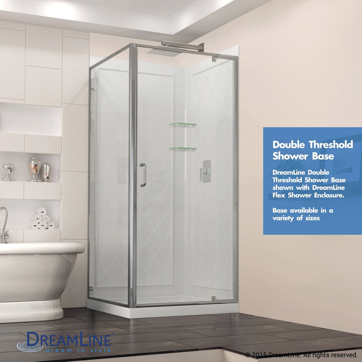 DreamLine SlimLine 36 in. D x 36 in. W x 2 3/4 in. H Corner Drain Double Threshold Shower Base in Black, DLT-1036360-88