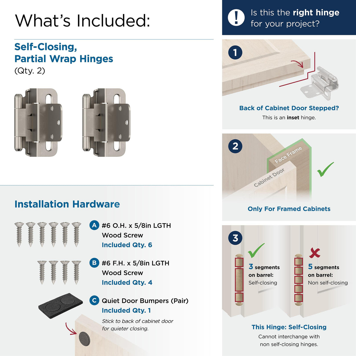 Amerock Cabinet Hinge 3/8 inch (10 mm) Inset Hinge Satin Nickel 2 Pack Self-Closing Hinge Partial Wrap Hinge Cabinet Door Hinge