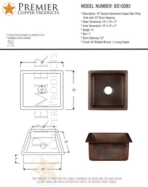 Premier Copper Products BS16DB3 16-Inch Square Hammered Copper Bar/Prep Sink with 3.5-Inch Drain Opening