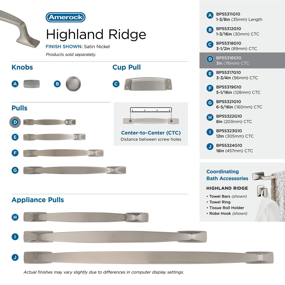 Amerock Cabinet Pull Satin Nickel 3 inch (76 mm) Center to Center Highland Ridge 1 Pack Drawer Pull Drawer Handle Cabinet Hardware