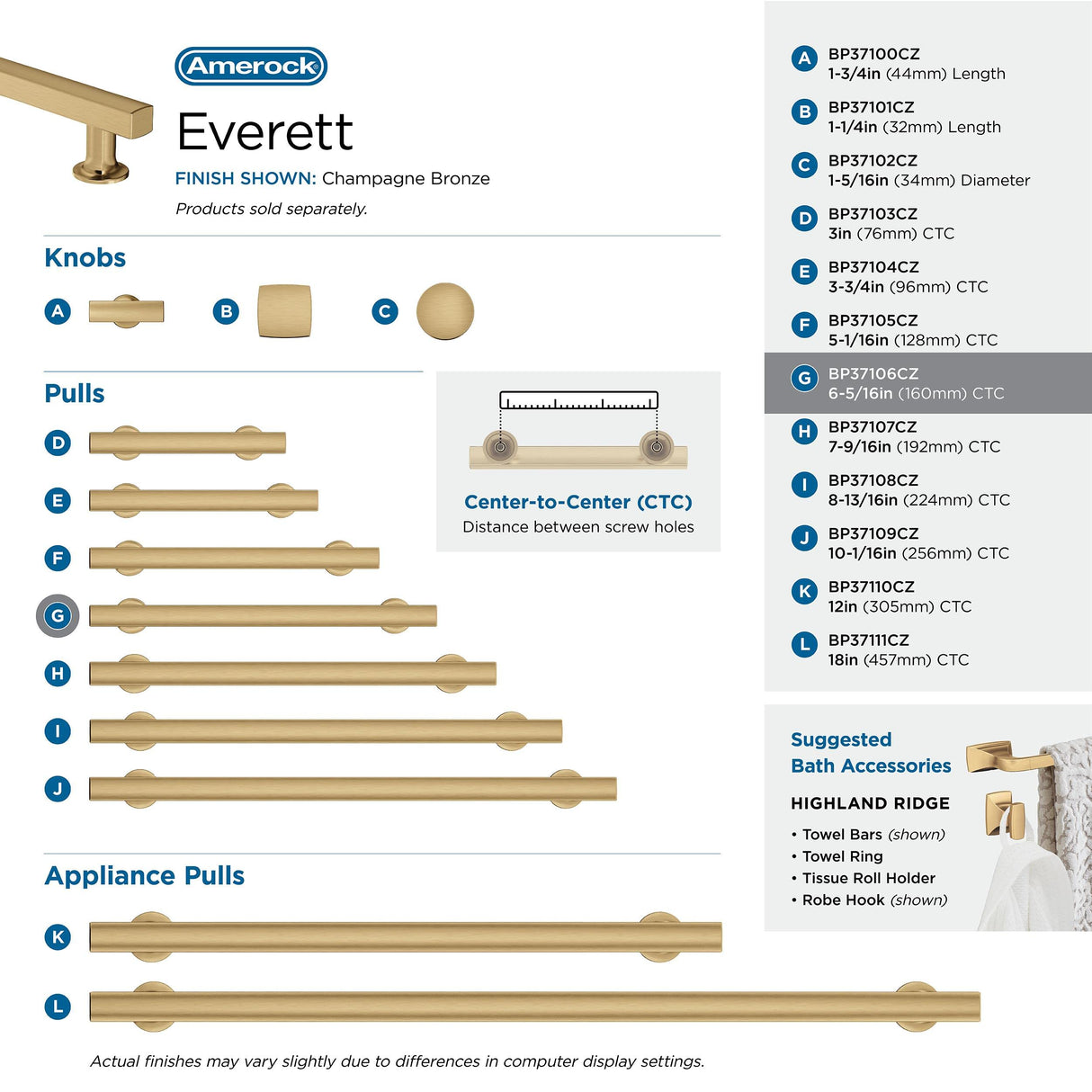 Amerock Corp BP37106CZ Everett Pull, 6-5/16 in (160 mm) Center-to-Center, Champagne Bronze