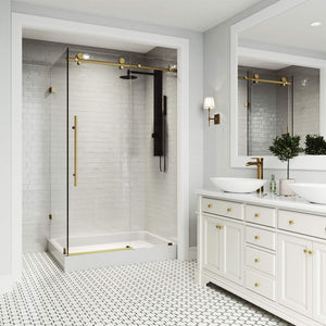 VIGO 48"W x 82"H Elan E-Class Frameless Sliding Rectangle Shower Enclosure with Clear Tempered Glass, Left Door Handle and Stainless Steel Hardware in Matte Brushed Gold and Right Base -VG6053MGCL48WR