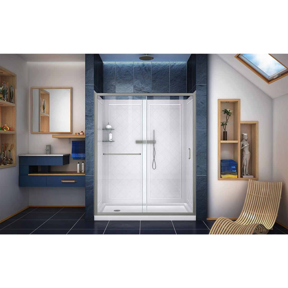 DreamLine Infinity-Z 30 in. D x 60 in. W x 76 3/4 in. H Clear Sliding Shower Door in Brushed Nickel, Left Drain Base and Backwalls, DL-6116L-04CL