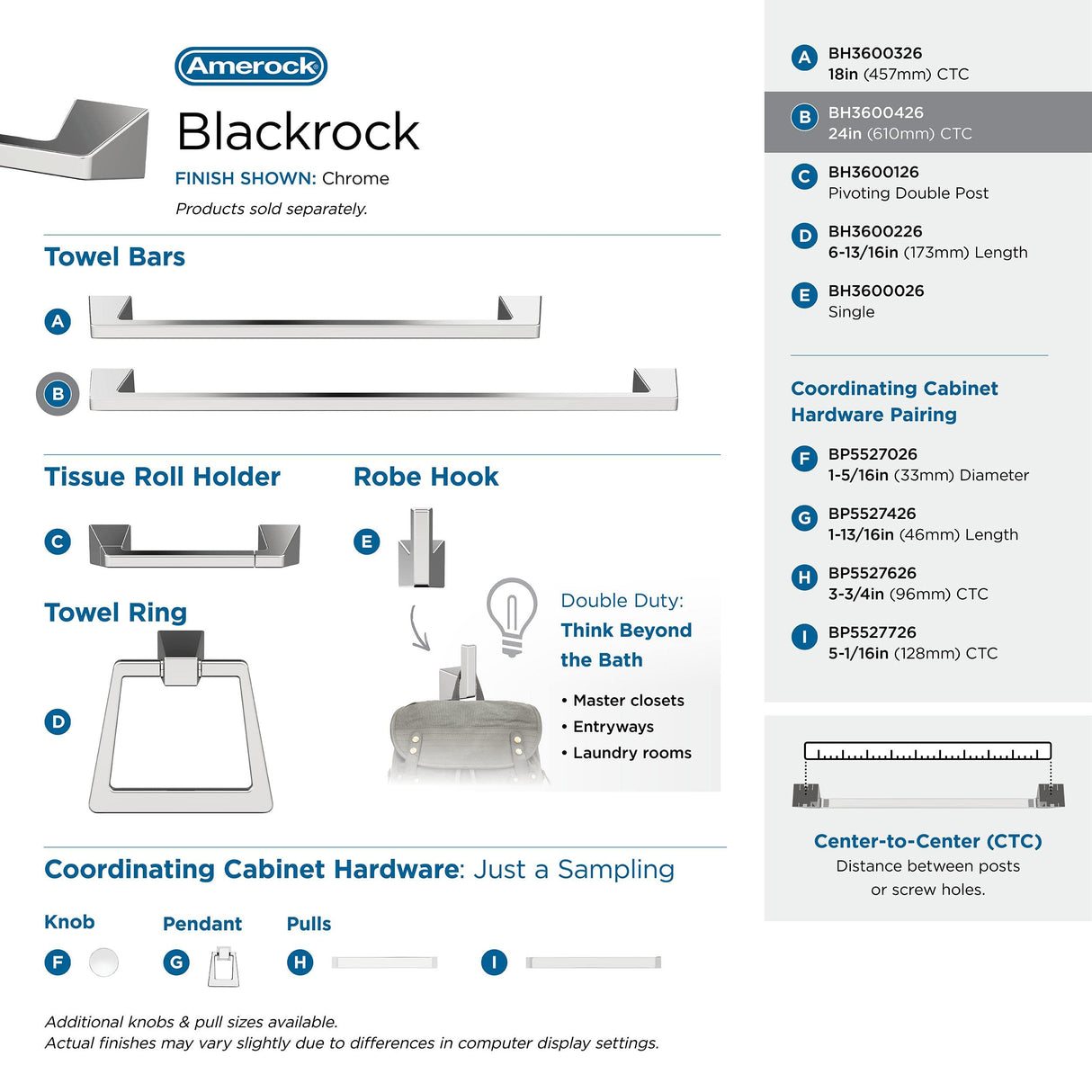 Amerock BH3600426 Chrome Towel Bar 24 in (610 mm) Towel Rack Blackrock Bathroom Towel Holder Bathroom Hardware Bath Accessories Hand Towel Holder