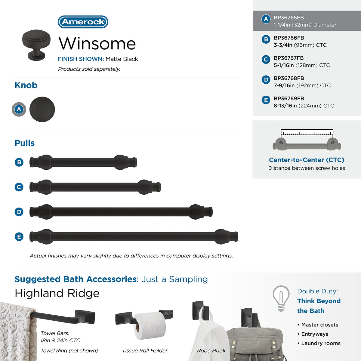 Amerock Cabinet Knob Matte Black 1-1/4 inch (32 mm) Diameter Winsome 1 Pack Drawer Knob Cabinet Hardware