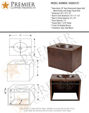Premier Copper Products VADB24181 24-Inch Hand Hammered Wall Mount Copper Vanity, Oil Rubbed Bronze
